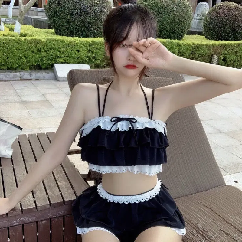 Color: Pink, Size: L - Bikini Sets Women Kawaii Girlish Design Tender Teens Slim Chic Beach Simple Feminino Daily Ruffles Japan Style Cool Sexy