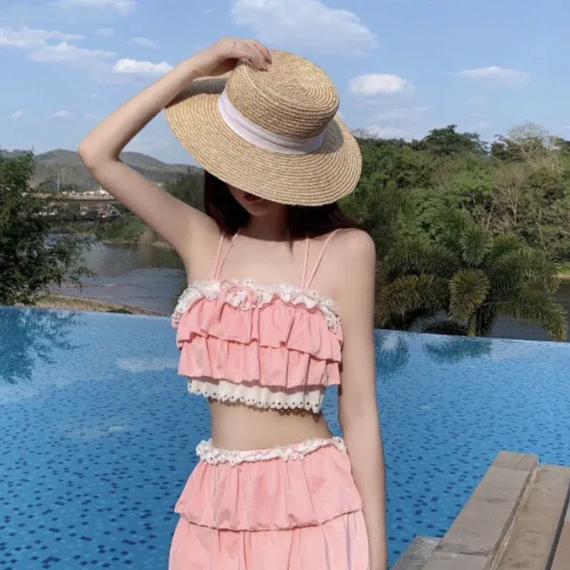 Color: Pink, Size: L - Bikini Sets Women Kawaii Girlish Design Tender Teens Slim Chic Beach Simple Feminino Daily Ruffles Japan Style Cool Sexy