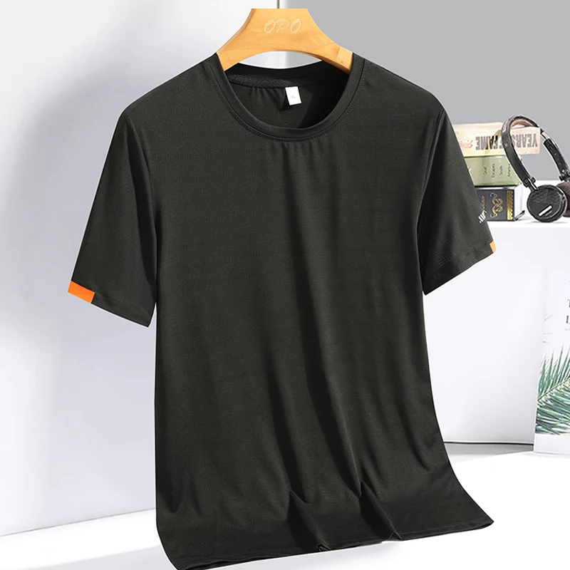 Color: Silver, Size: L - Men's Silk Ice Round Collar T-shirt, Simple Running Fitness Suit, Breathable Thin T-shirt, Quick Dry T-shirt, Summer