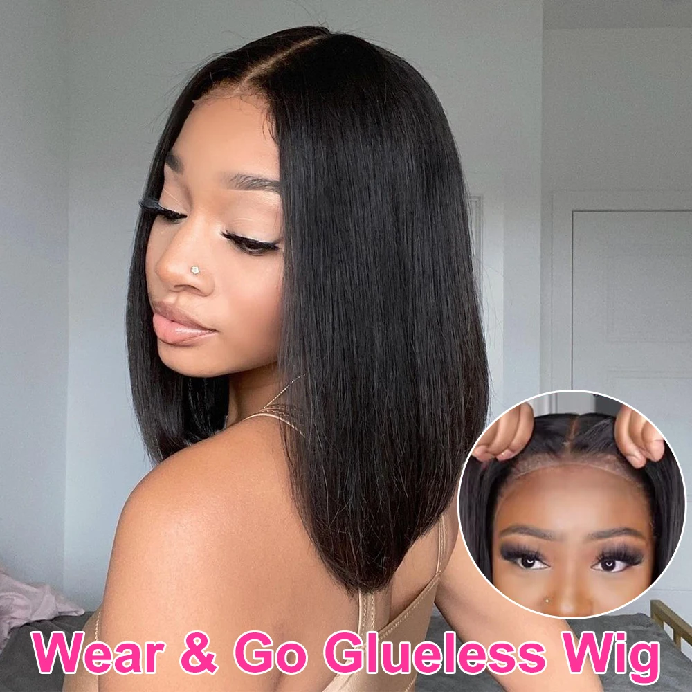 Hair Color: #1, Ships From: United States, Stretched Length: 10inches, Density: 150% - Wear And Go Glueless Bob Wig Human Hair 7x5 HD Lace Closure Human Hair Pre Plucked No Glue Pre Cut Ready To Wear Frontal Wig