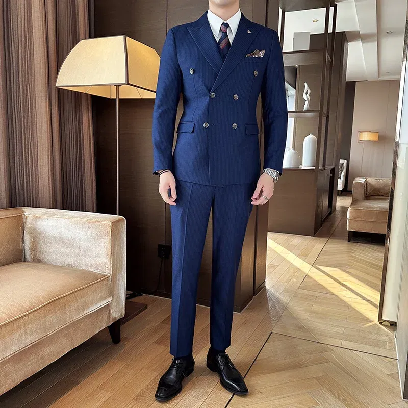 Color: black, Size: XXXL - 2025 Men's Double Breasted 3/2 Piece Business Casual Wedding Dress Suit with  Trousers Regular Fit Bridegroom High Sense