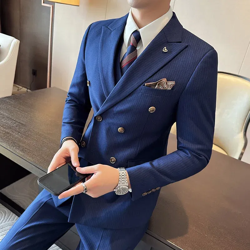 Color: black, Size: XXXL - 2025 Men's Double Breasted 3/2 Piece Business Casual Wedding Dress Suit with  Trousers Regular Fit Bridegroom High Sense