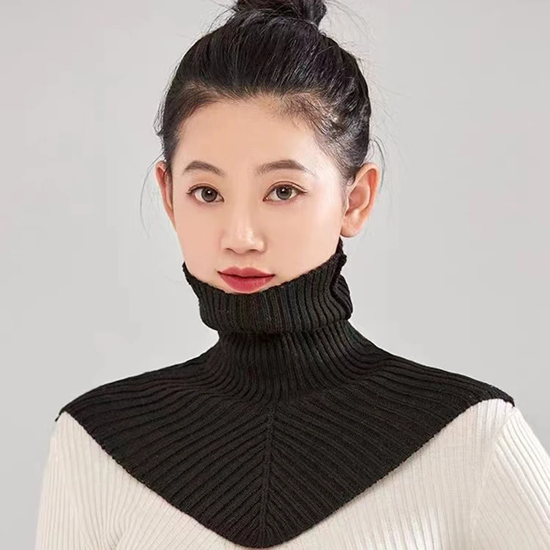 Color: green - Women Winter Knitted Cotton Fake Collar Scarf Women Warm Turtleneck Neck Warmer Detachable Winter Windproof Scarf 36*28cm