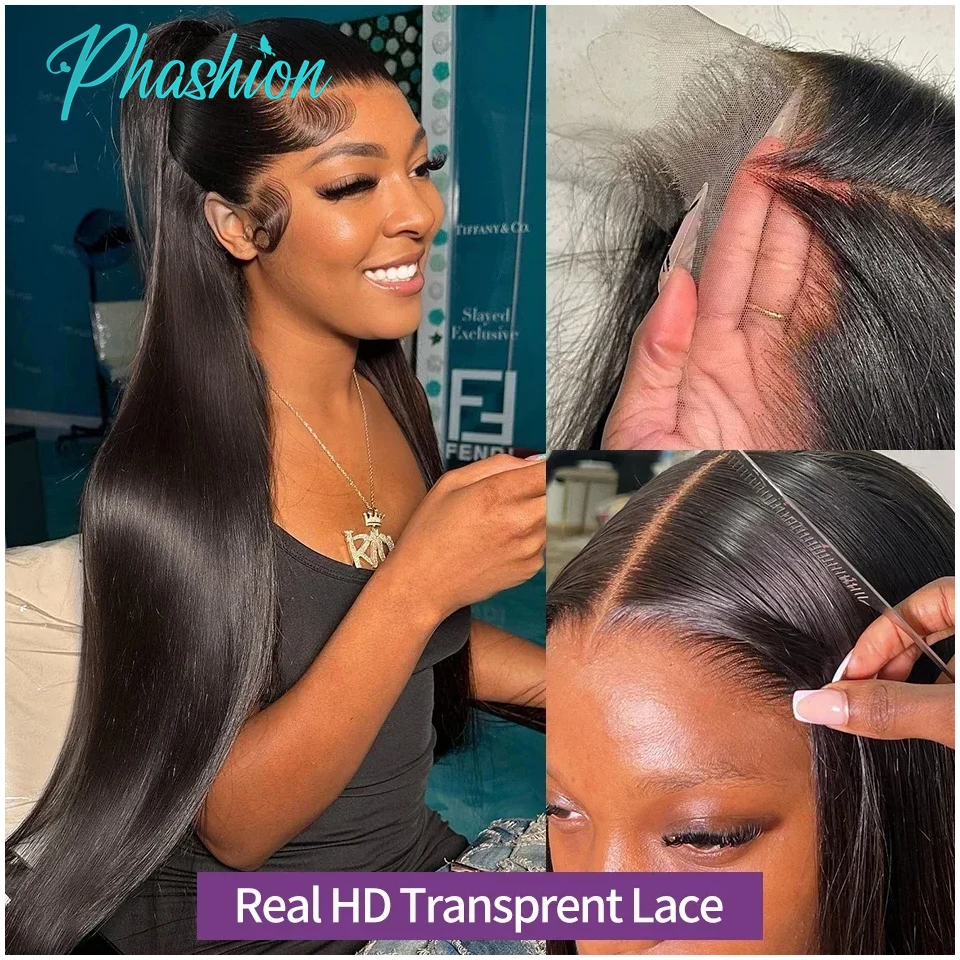Color: Natural Color, Stretched Length: 22INCHES - Phashion 26 28 Inch13x6 Lace Frontal Straight Pre Plucked Swiss HD Transparent Full Front Only Natural Black 100% Human Hair
