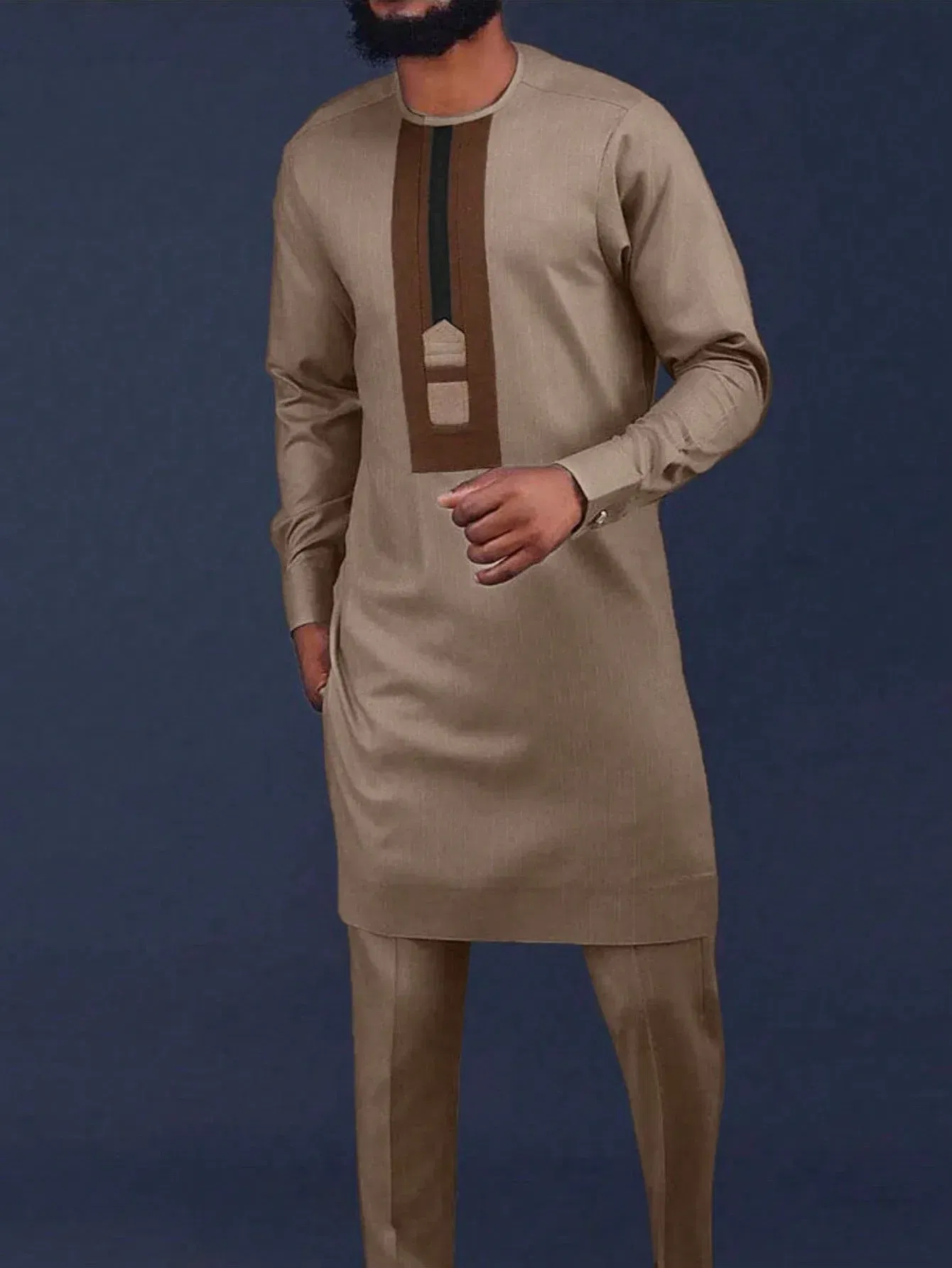 Color: MULTI, Size: XXL - New Men's Tenos Wedding 2-Piece Suit Waist Pants Shirt Solid Color Panel Long Sleeve Party African Ethnic Style Clothing (M-4XL)