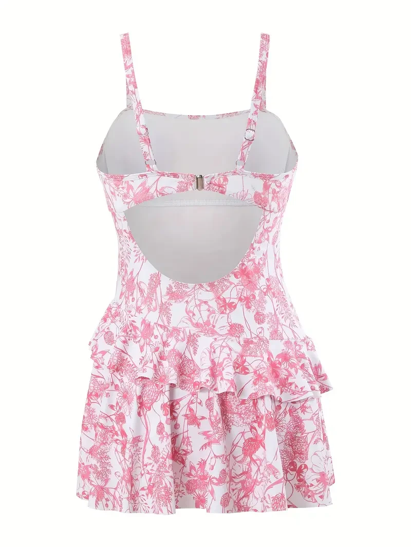 Plant Graphic One-piece Swimsuit, Ruffle Hem Ruched Back Buckle Backless Skirted Bathing Suits, Women's Swimwear & Clothing