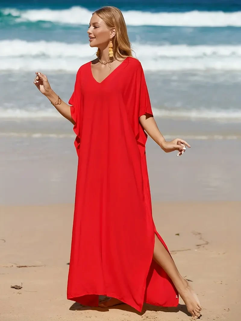 Plus Size Maxi Cover Up - Relaxed Fit, Solid Color, Bat Wing Sleeve, V-Neck, Split Hem Design for Women with Curves