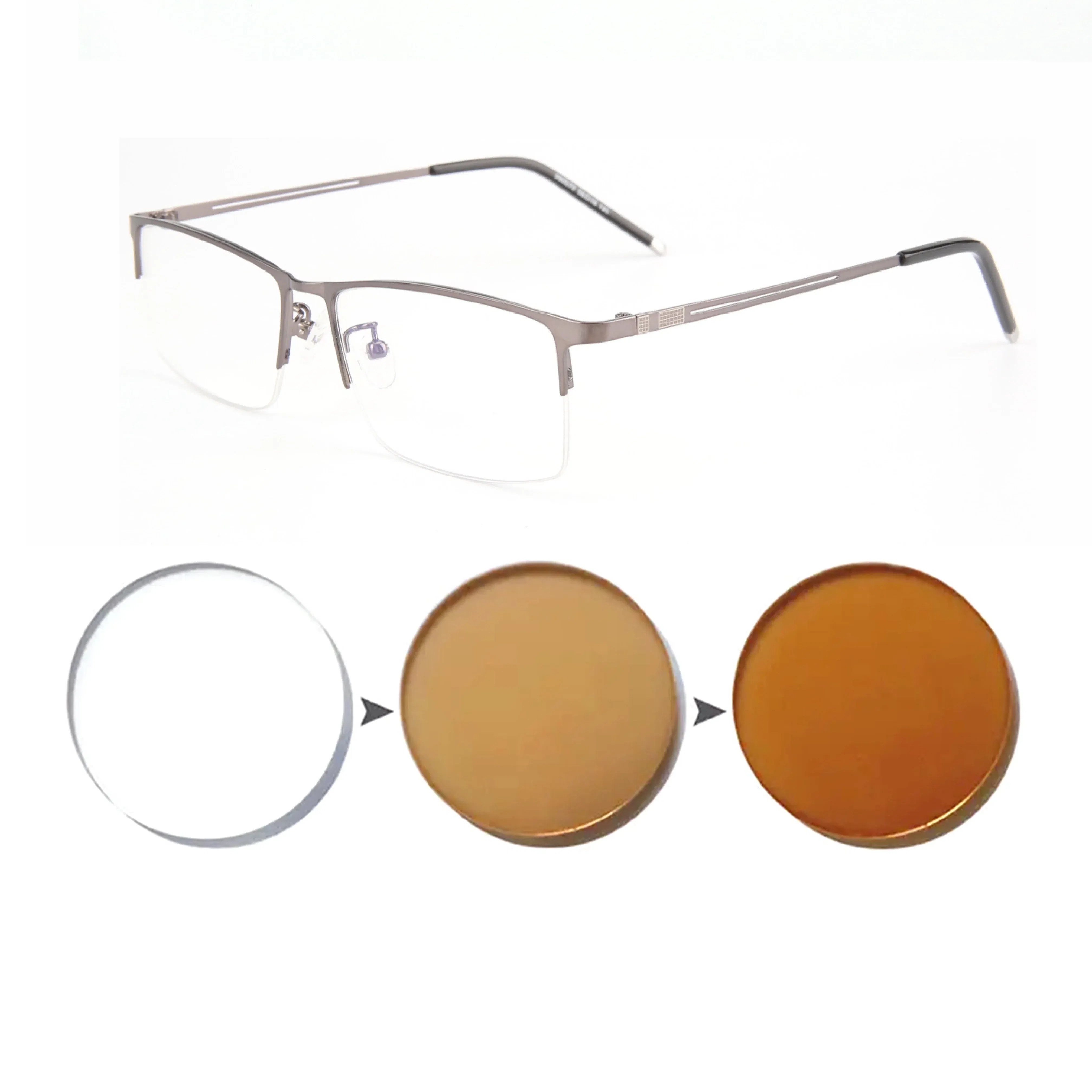 Frame Color: Blue, Eye Prescription: +400 - Sun Photochromic Finished Myopia Glasses Women Men Metal Half Frame Chameleon Short-sight Eyewear0 -0.5 -0.75 -1.0  To -6.0