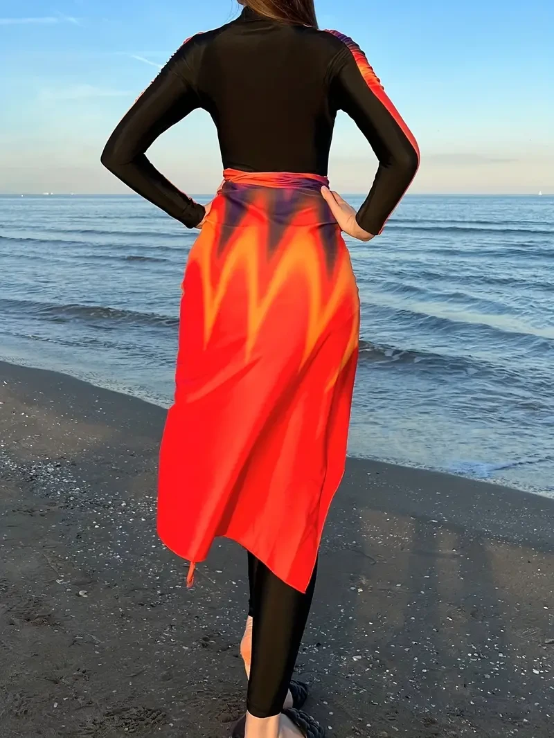 Women's 3-Piece Swimwear Set with Long Sleeve Flame-Print One-Piece, Side-Tie Cover-Up & Zippered Neckline  Chic Beach Ensemble