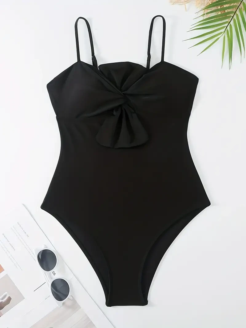 Two-piece Fashionable Bow One-piece Swimsuit, Solid Color Retro Slimming Swimsuit Set, Women's Sun Protection Suit