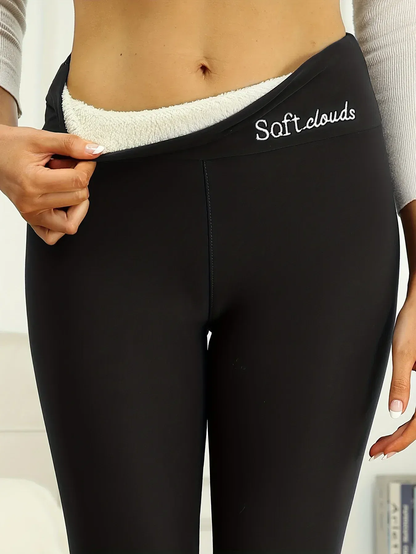 Color: black, Size: L - Winter Women Warm Leggings Plush Lined Thermal Pants Thickened Letter Embroidery Slim Elastic Tights