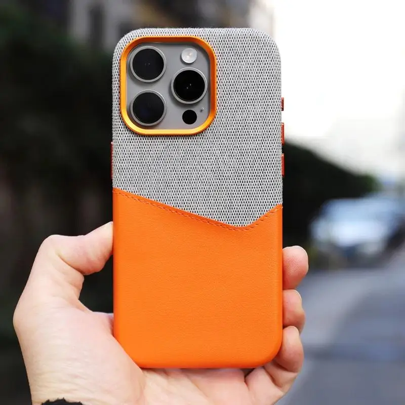 Color: Orange, Material: ABS - Card Holder MagSafe Leather Phone Case For iPhone 15 14Pro Max 13 14 Pro 12 Pocket Wireless Charging Alloy Lens Hit Color Cover