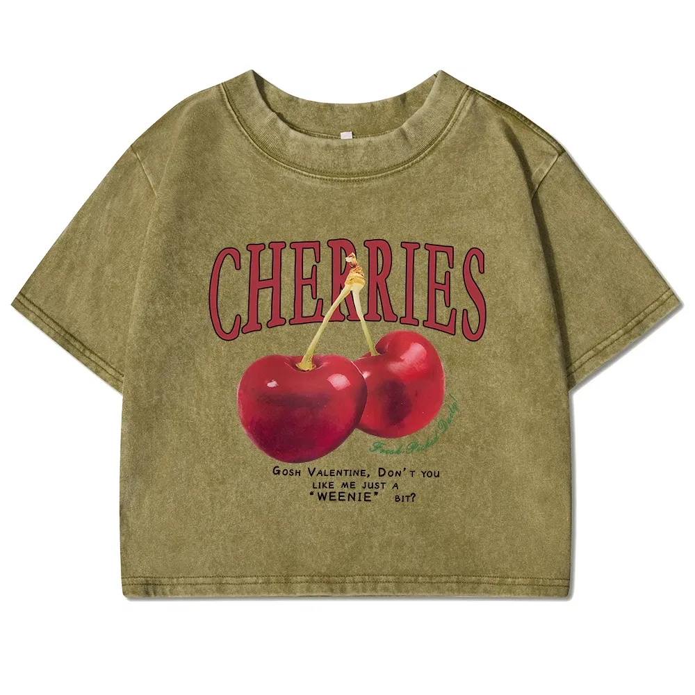 Color: army green, Size: XXL - Red Cherries Letter Printed Female T-shirt Fashion Summer Washed Clothing Casual Cotton Crop Top Retro Tee Shirts For Women