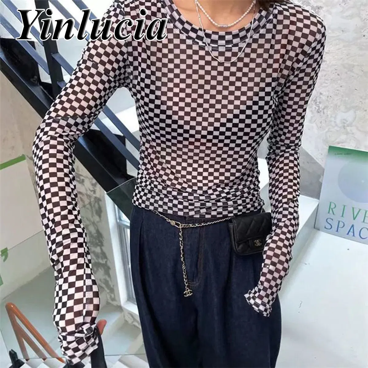 Color: Beige, Size: L, Ships From: CN - Checkerboard Tee Elastic Slim Tops Women Blouses Sexy Mesh Ice Silk Thin Base Shirt Blouse Hot Babes Pullover Y2K Street Wear
