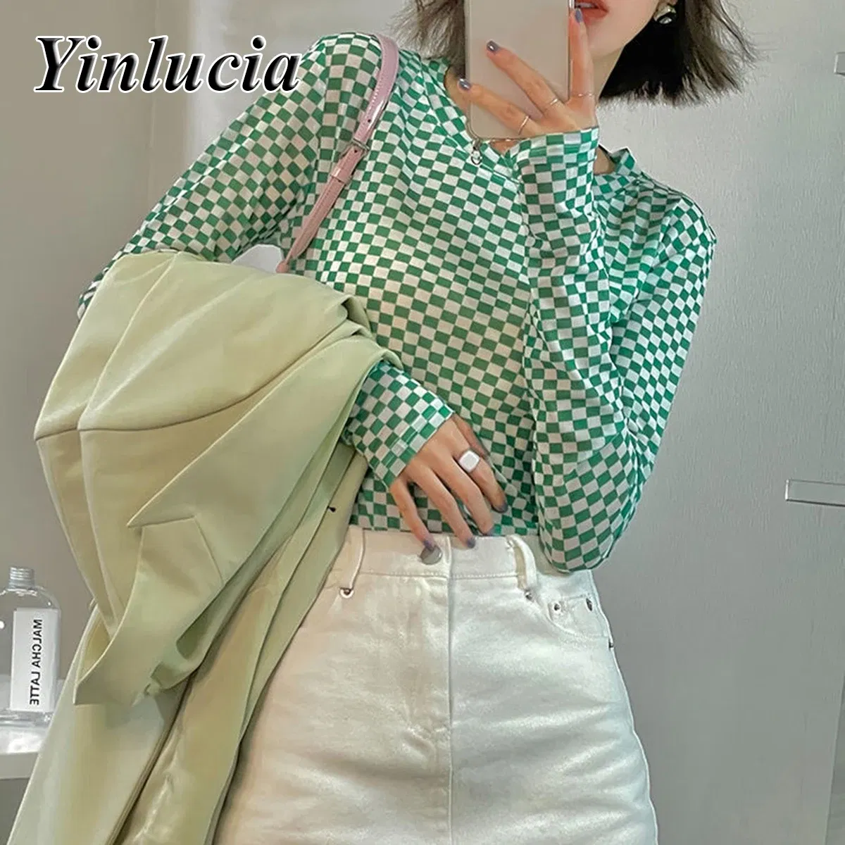 Color: Beige, Size: L, Ships From: CN - Checkerboard Tee Elastic Slim Tops Women Blouses Sexy Mesh Ice Silk Thin Base Shirt Blouse Hot Babes Pullover Y2K Street Wear