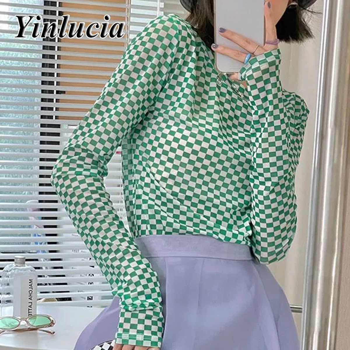 Color: Beige, Size: L, Ships From: CN - Checkerboard Tee Elastic Slim Tops Women Blouses Sexy Mesh Ice Silk Thin Base Shirt Blouse Hot Babes Pullover Y2K Street Wear