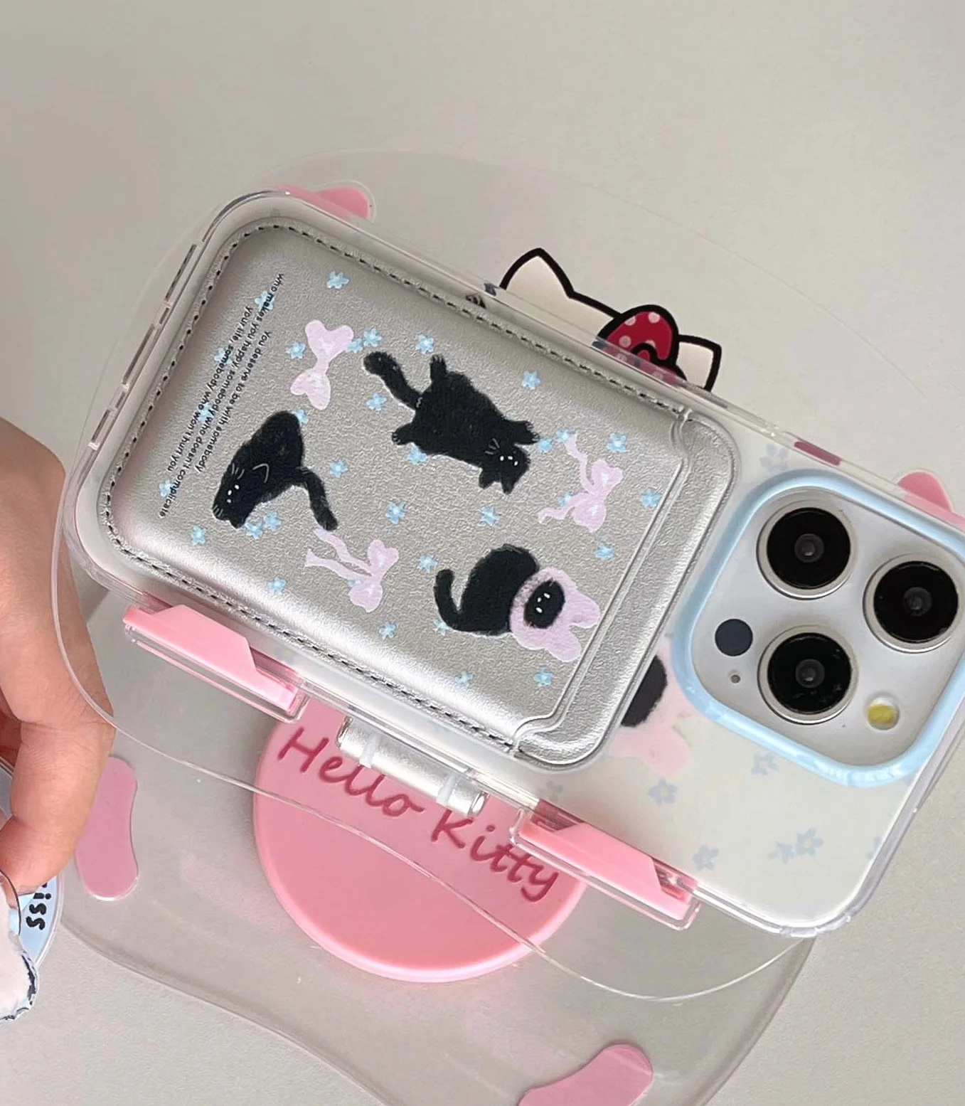 Color: Beige, Material: Genuine leather - Cute Black Cat, Pink Bow, Blue Flower Magnetic Card Holder Phone Case for IPhone 13 14 15 Pro Max 13Pro 16ProMax 14Pro 15Pro 12