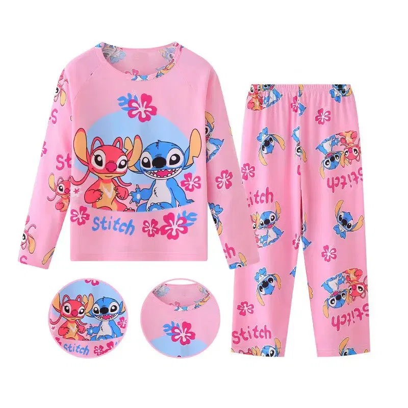 Color: SKY BLUE, Kid Size: 11 - New Pajama Boys Girls Pajamas Stitch Clothing Sets Kids Long Sleeve +Pant 2Piece Children Home Clothing Girl Nightgown