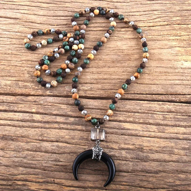 Metal Color: BRASS PLATED, Length: 45cm, Ships From: CHINA - Fashion Bohemian Jewelry Natural Stones Crystal Glass Knotted Ox Horn Moon Pendant Necklace Women Boho Necklaces Girls