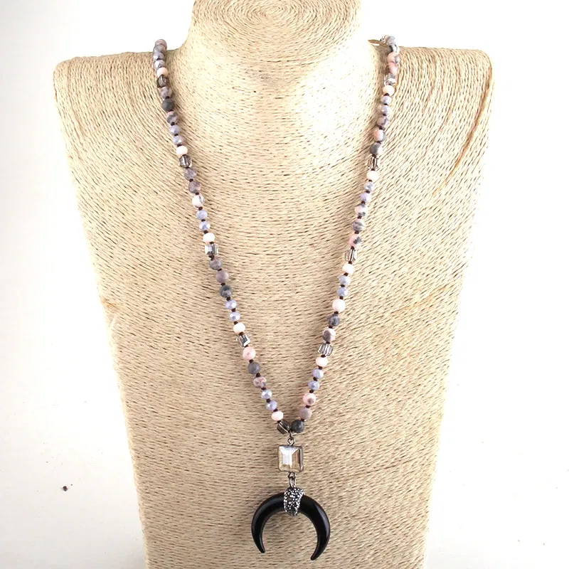 Metal Color: BRASS PLATED, Length: 45cm, Ships From: CHINA - Fashion Bohemian Jewelry Natural Stones Crystal Glass Knotted Ox Horn Moon Pendant Necklace Women Boho Necklaces Girls