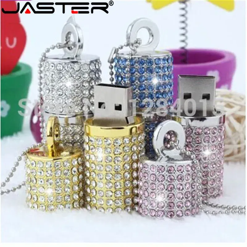 Color: Pink, Capacity: 8GB - JASTER Crystal cylindrical USB Flash Drive fashion metal diamond pen driveu disk pendrive 4GB 8GB 16GB 32GB 64GB memory stick