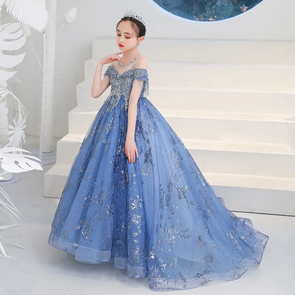 Color: Blue, Kid Size: 17 - Children's Dress Princess Dress Fluffy Gauze Flower Girl Heavy Industry Trailing Catwalk Small Host Piano Performance