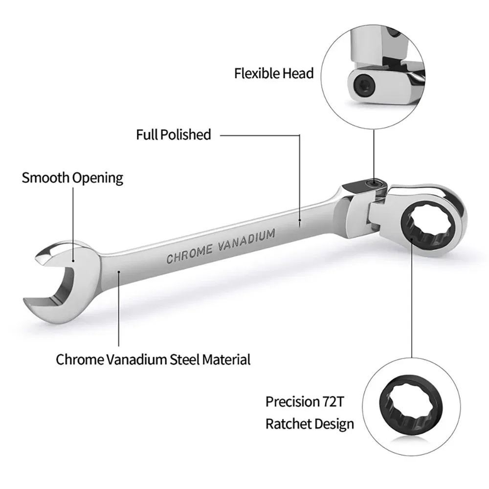 Color: WHITE - 1pc Ratchet Wrench of Keys Spanner Hand Tool 72-Tooth Ratcheting Flexible Head Mirror Finish