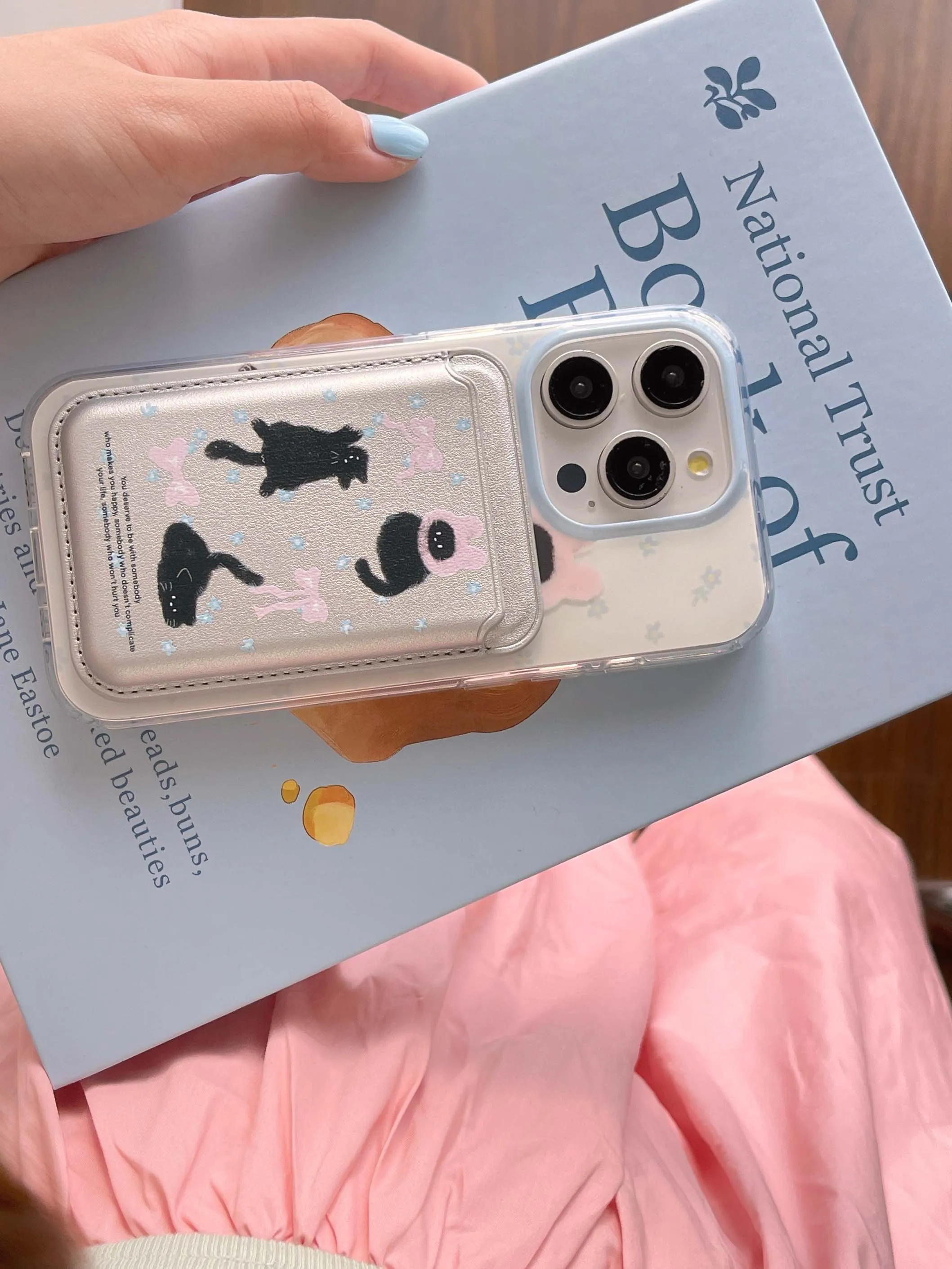 Color: Blue, Material: Wood - Cute Black Cat, Pink Bow, Blue Flower Magnetic Card Holder Phone Case for IPhone 13 14 15 Pro Max 13Pro 16ProMax 14Pro 15Pro 12