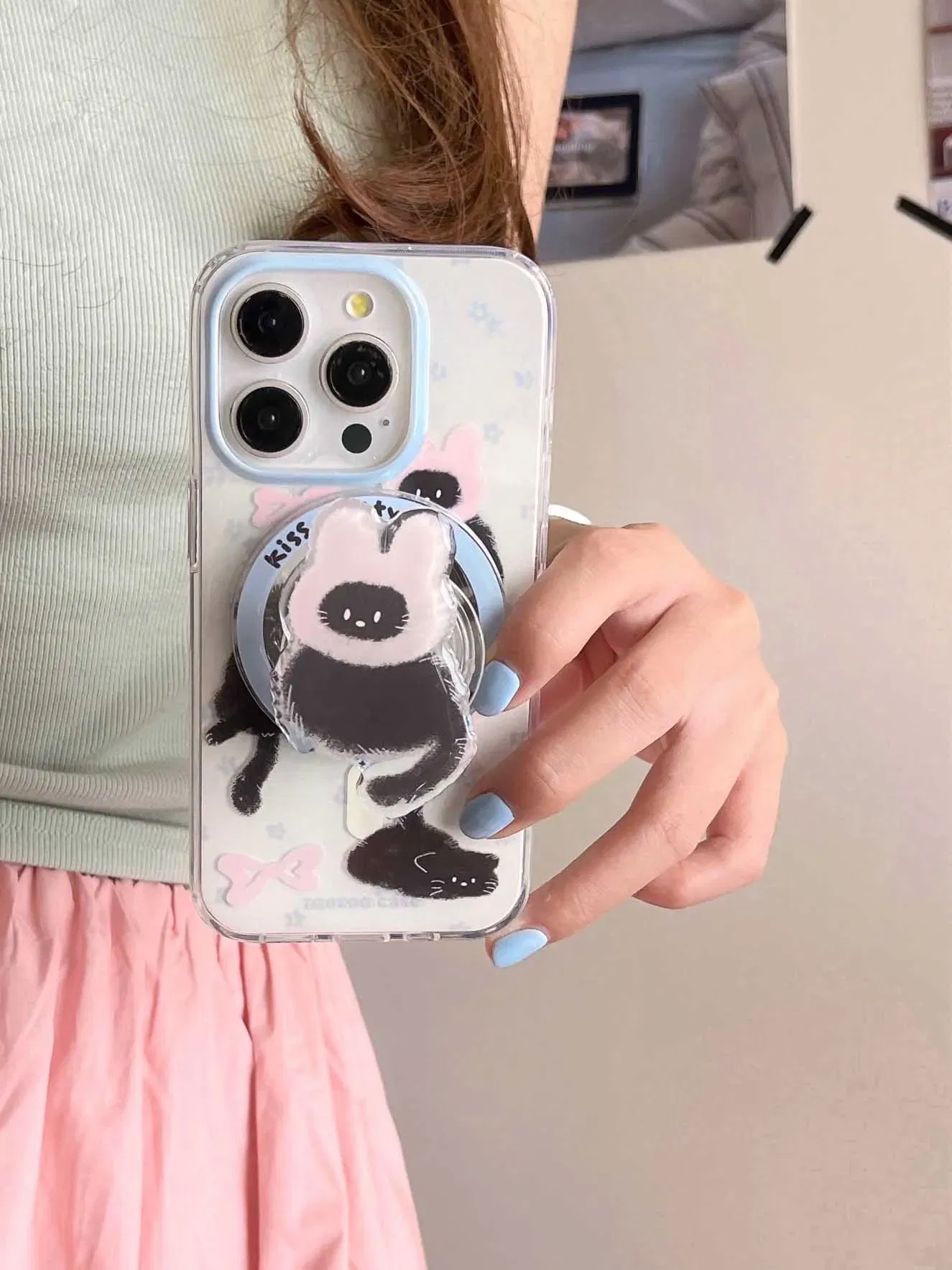 Color: Blue, Material: Wood - Cute Black Cat, Pink Bow, Blue Flower Magnetic Card Holder Phone Case for IPhone 13 14 15 Pro Max 13Pro 16ProMax 14Pro 15Pro 12