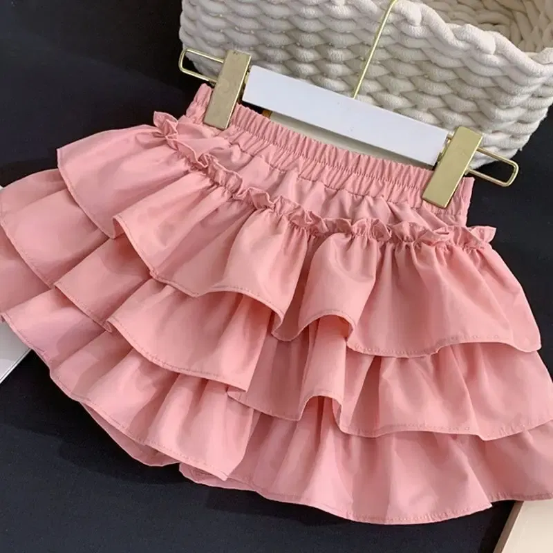 Color: Pink, Kid Size: 4 - Children Girls Pleated Cake Skirts Summer 2025 Elastic Waist Infant Babys Girls Bubble Skirts Toddler Kids Girls Princess Skirts