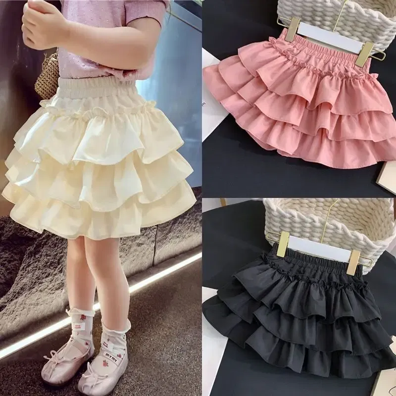 Color: Pink, Kid Size: 4 - Children Girls Pleated Cake Skirts Summer 2025 Elastic Waist Infant Babys Girls Bubble Skirts Toddler Kids Girls Princess Skirts