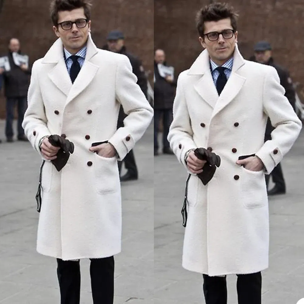 Color: Red, Size: 52 - Solid White England Style Woolen Overcoat Men's Thick Plus Double-Breasted Long Coat Casual Winter Fashion Warm Jacket