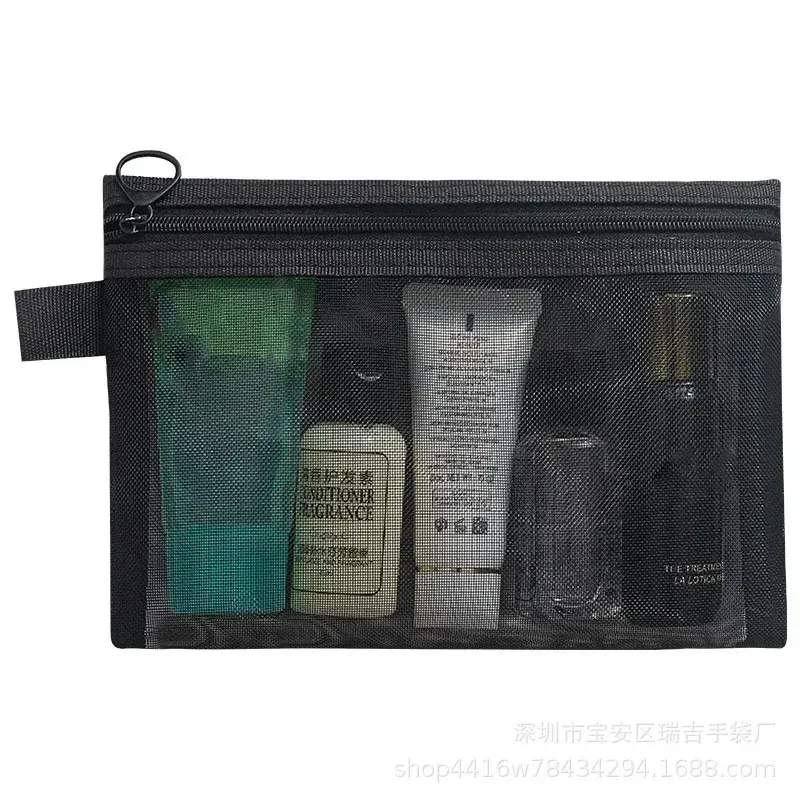 Color: GRAY - Fashion Small Large Black Organizer Toiletry and Makeup Pouch Transparent Mesh Zipper Cosmetic Bag Women Necessary Organizer