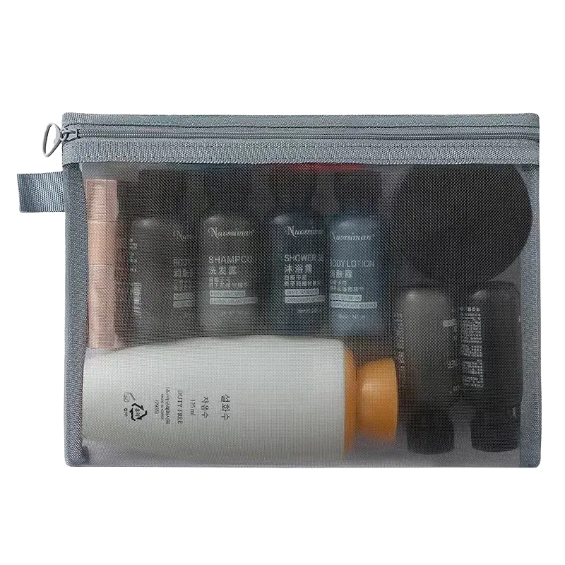 Color: GRAY - Fashion Small Large Black Organizer Toiletry and Makeup Pouch Transparent Mesh Zipper Cosmetic Bag Women Necessary Organizer