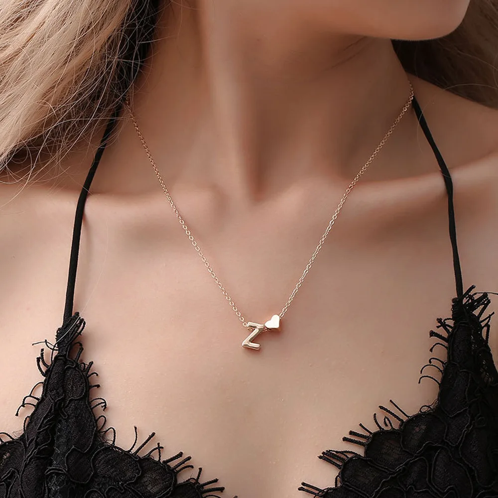 Metal Color: RED-BROWN, Main Stone Color: Yellow - Fashion Tiny Heart Dainty Initial Necklace Gold Color Letter Name Choker Necklace For Women Pendant Jewelry Gift