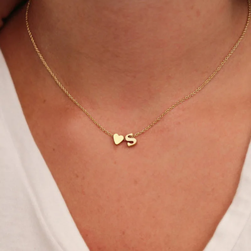 Metal Color: RED-BROWN, Main Stone Color: Yellow - Fashion Tiny Heart Dainty Initial Necklace Gold Color Letter Name Choker Necklace For Women Pendant Jewelry Gift