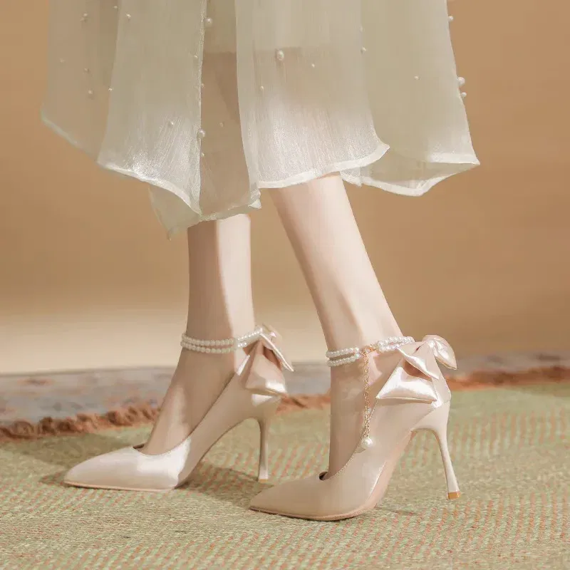 Color: black, Shoe Size: 35 - Size 35-40 Stiletto Heel Point Toe Pearls Buckle Belt 9cm High Heel Ladies Bow Satin Fabric White Wedding Shoes Women Pumps