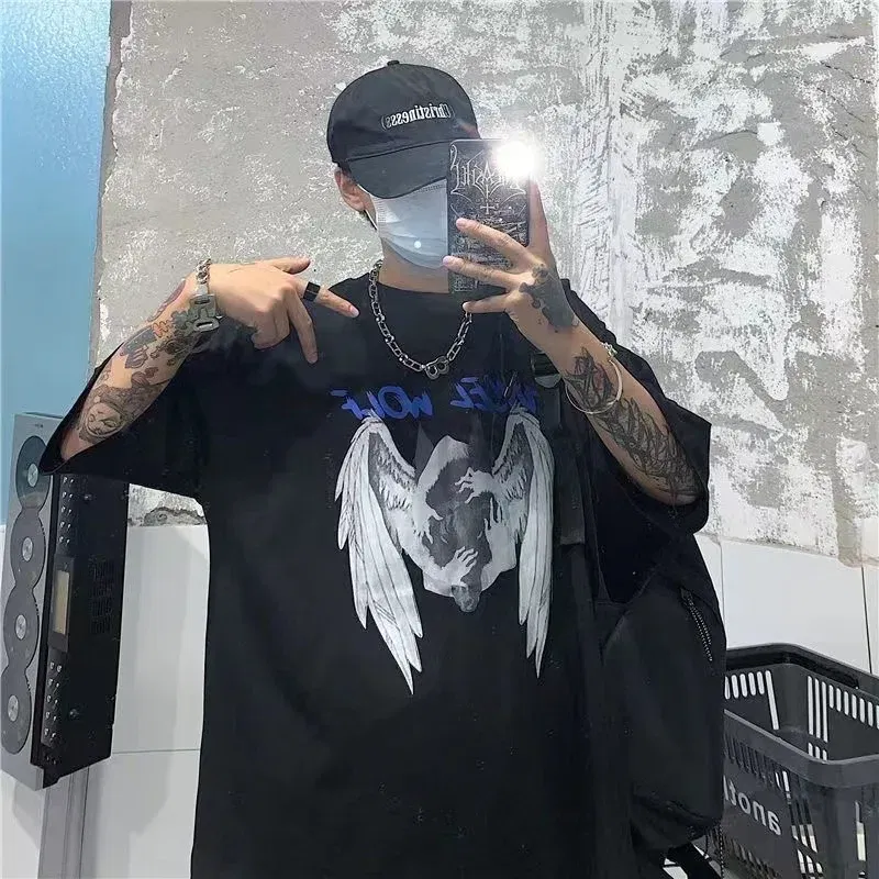 Color: Dark Grey, Size: XXXL - Men T-shirts 2023 Summer Streetwear High Street Gothic Skull Tshirt Loose Oversized Short-sleeved T shirt Dark Anime Men Y2k Top