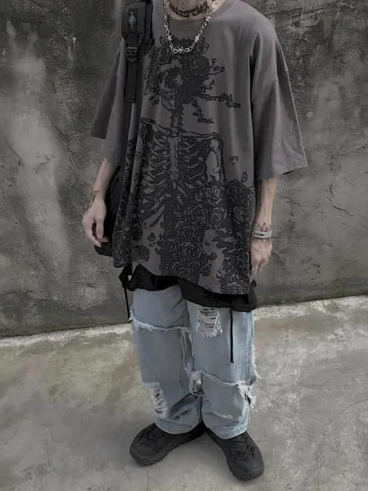 Color: Dark Grey, Size: XXXL - Men T-shirts 2023 Summer Streetwear High Street Gothic Skull Tshirt Loose Oversized Short-sleeved T shirt Dark Anime Men Y2k Top