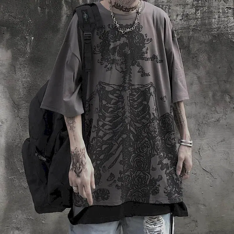 Color: Dark Grey, Size: XXXL - Men T-shirts 2023 Summer Streetwear High Street Gothic Skull Tshirt Loose Oversized Short-sleeved T shirt Dark Anime Men Y2k Top