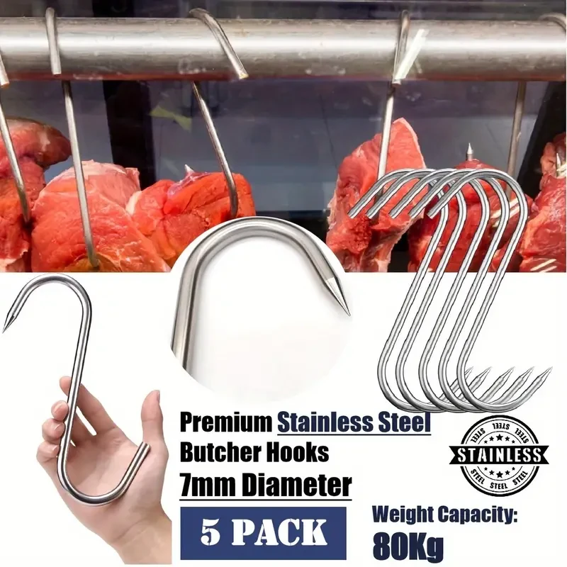 5Pack Stainless Steel Meat Hook Restaurant Butcher Meat Processing Tools. Hunting Gear Equipment Outdoor BBQ Smoker Grilling Tools Hanging Chunks Meat Jerky Drying For Kitchen, Market Hanging Bacon, Sausage