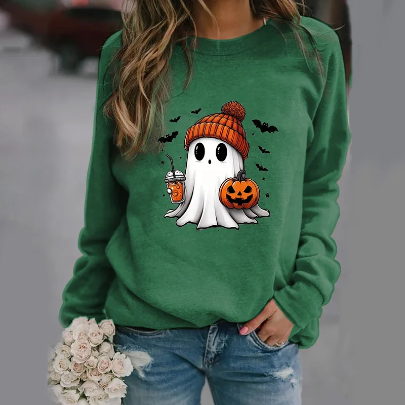Color: green, Size: M - Cute Ghost Pattern Sweater Women's Casual Halloween Ghost Harajuku Pullover Fall Women's Tops