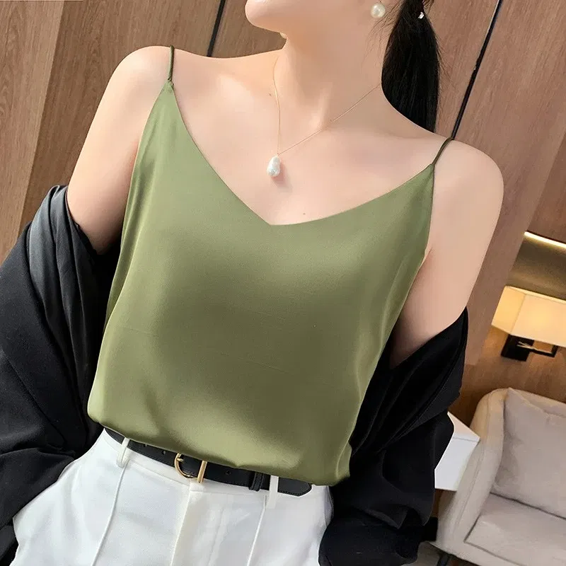 Color: WHITE, Size: M - Fashion Silky Camisole Women's Inner With White Bottoming Satin Top Summer V-neck Thin Section