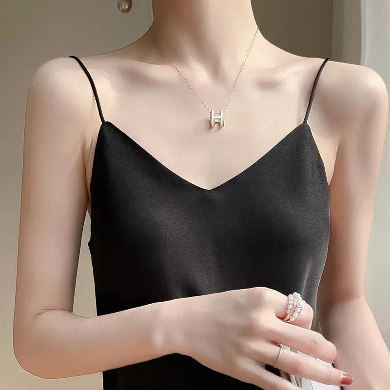 Color: WHITE, Size: M - Fashion Silky Camisole Women's Inner With White Bottoming Satin Top Summer V-neck Thin Section