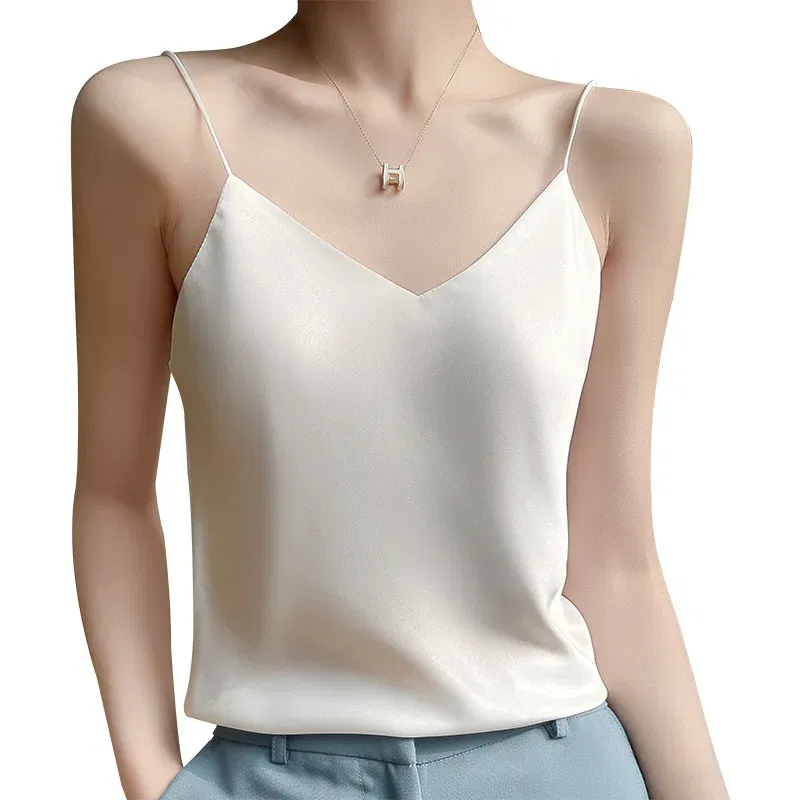 Color: WHITE, Size: M - Fashion Silky Camisole Women's Inner With White Bottoming Satin Top Summer V-neck Thin Section
