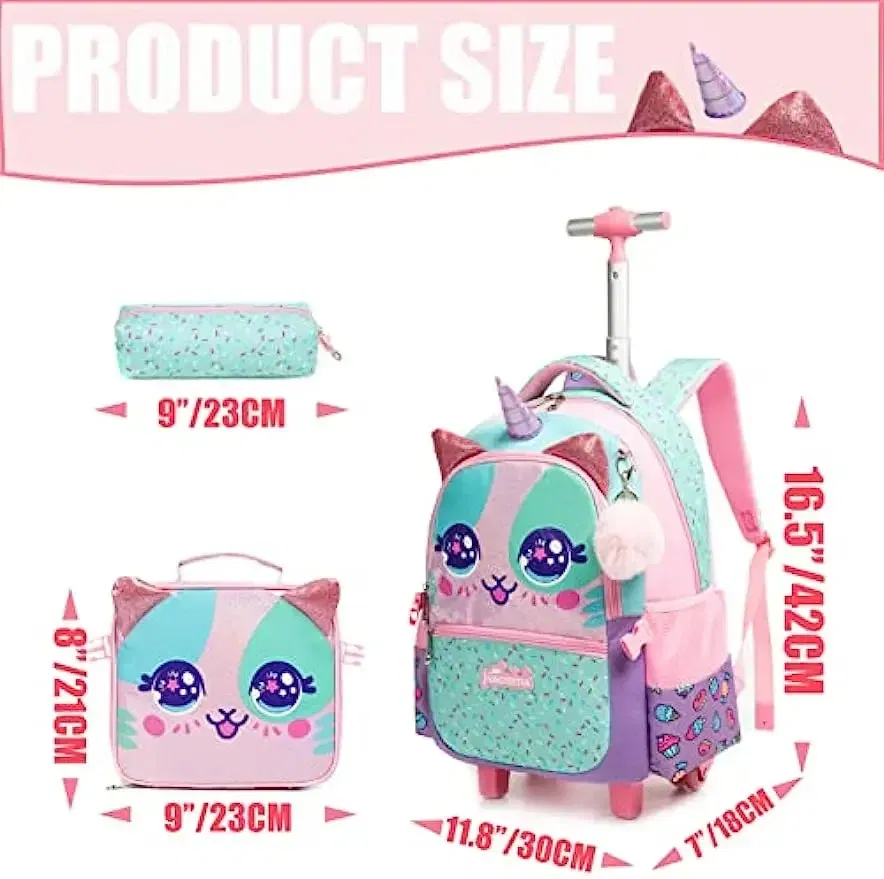 Color: PURPLE, Ships From: CHINA - BIKAB Kids Rolling Backpack for Girls Cute Sequin Cat Backpacks with Wheels for Elementary Students with Lunch Box for Girls