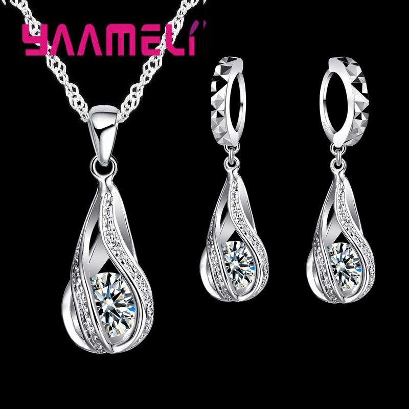 Water Drop CZ Sterling Silver Jewelry Set Pendant Necklace & Hoop Earrings for Women