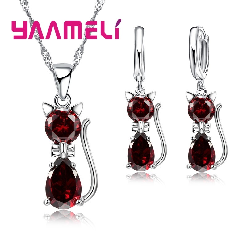 925 Sterling Silver Cat Jewelry Set  Austrian Crystal Necklace & Huggie Earrings for Women & Girls