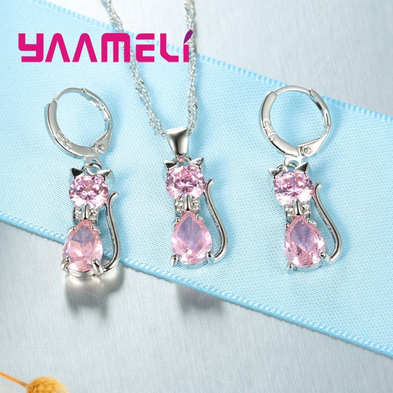 925 Sterling Silver Cat Jewelry Set  Austrian Crystal Necklace & Huggie Earrings for Women & Girls