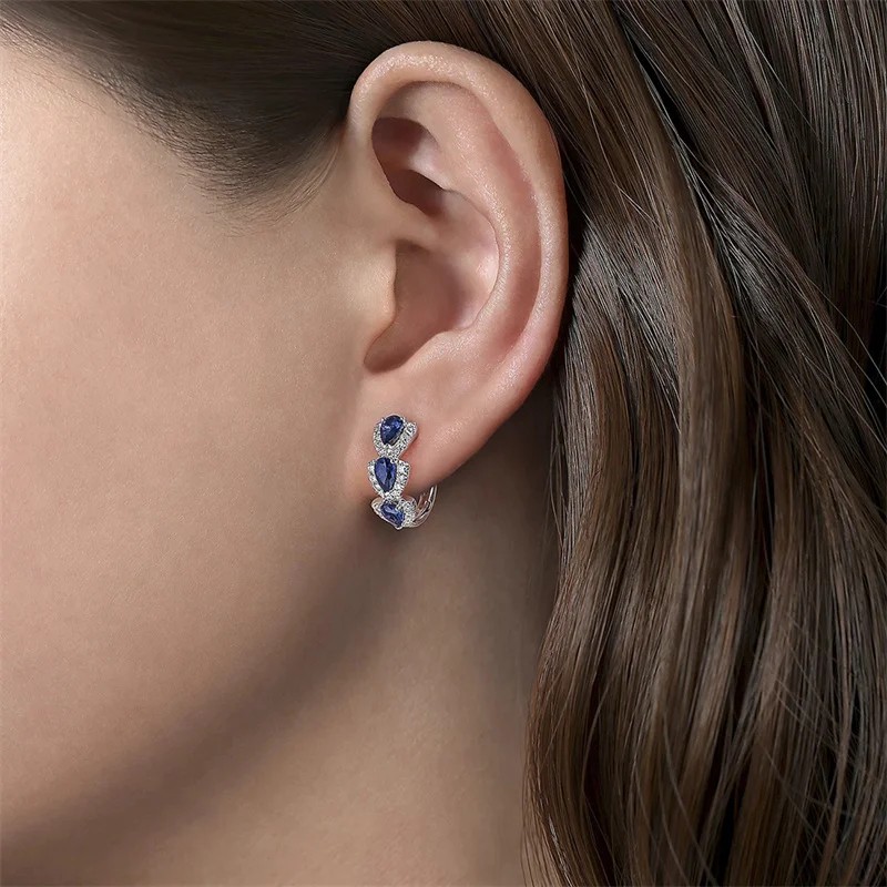 Huitan Luxury Blue CZ Hoop Earrings Elegant Wedding & Party Jewelry for Women